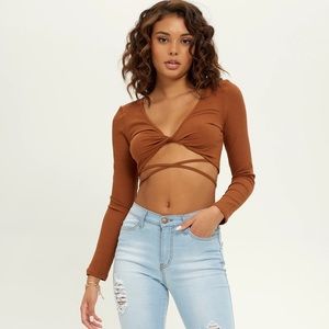Brown Long Sleeve Knot Front Wrap Around Tie Crop Top